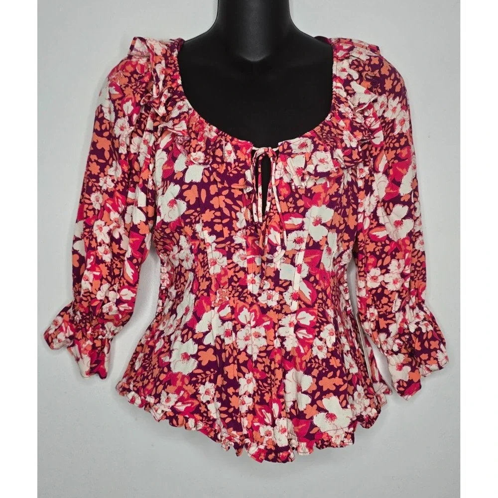 Free People Top XS Sweet Memories NEW Floral Ruffle Cottagecore Puff Sleeves $88